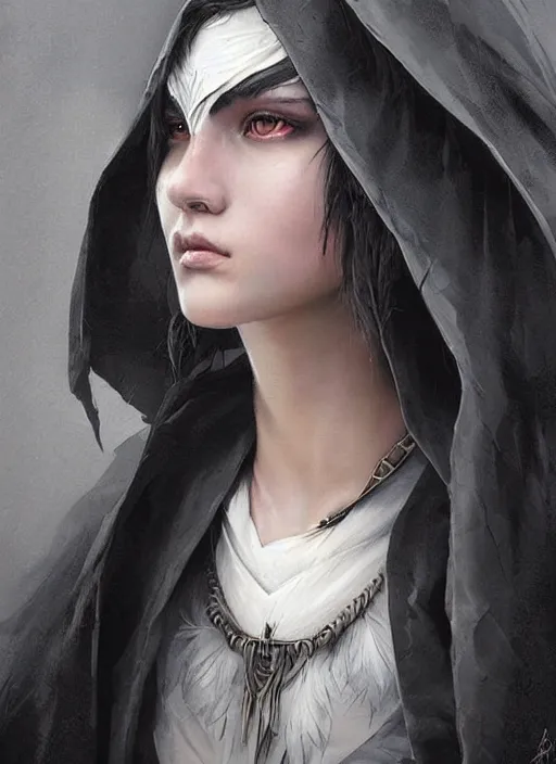 Prompt: a teenage girl with very short black hair and a huge cloak made of grey and black feathers. beautiful highly detailed face. beautiful painting by artgerm and greg rutkowski and raymond swanland