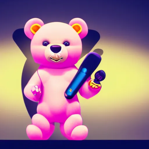 Image similar to iconic vector logo of cute cuddly pink bear with a podcast microphone, melodic, headphones, music, streaming, dreamy, isometric, adorable, octane render, golden ratio, 4k UHD, iconic design