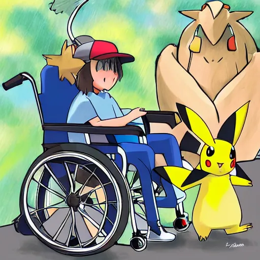 Prompt: a pokemon trainer traveling in a wheelchair, art by ken sugimori