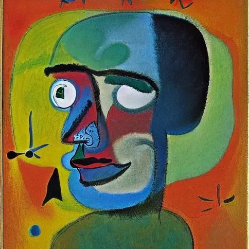 Prompt: A beautiful print of a man that has been pushed too far. A portrait of a man with a thousand-mile stare, whose soul has been replaced by a void. Tumblr, impressionism by Joan Miro, by Margaret Olley mild