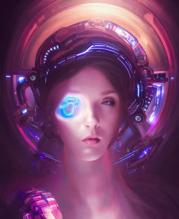 Image similar to whirlwind souls rushing inside metaverse, half body, glowin eyes, tiara, robotic, android, cyborg, cyberpunk face, by loish, d & d, fantasy, intricate, elegant, highly detailed, colorful, vivid color, digital painting, artstation, concept art, art by artgerm and greg rutkowski and alphonse mucha and ruan jia