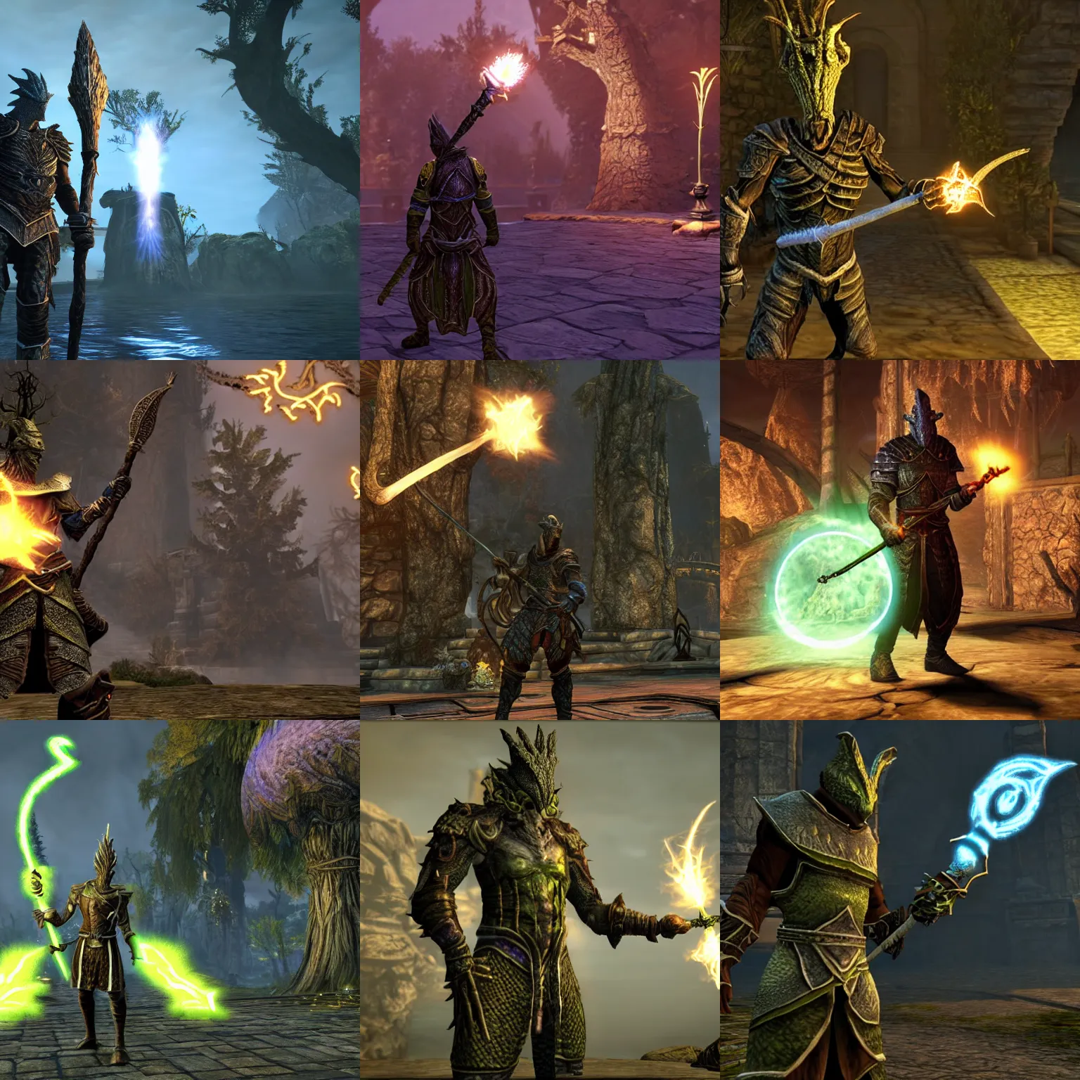 Prompt: an argonian wizard holding a glowing staff. screenshot of'the elder scrolls online '.