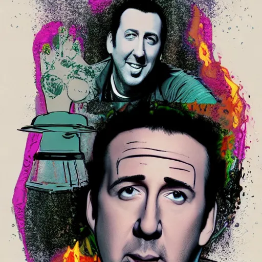 Image similar to Adam Sandler, catching Nicholas Cage, in a lava lamp, Trending on Artstation, Hiroaki Tsutsumi style