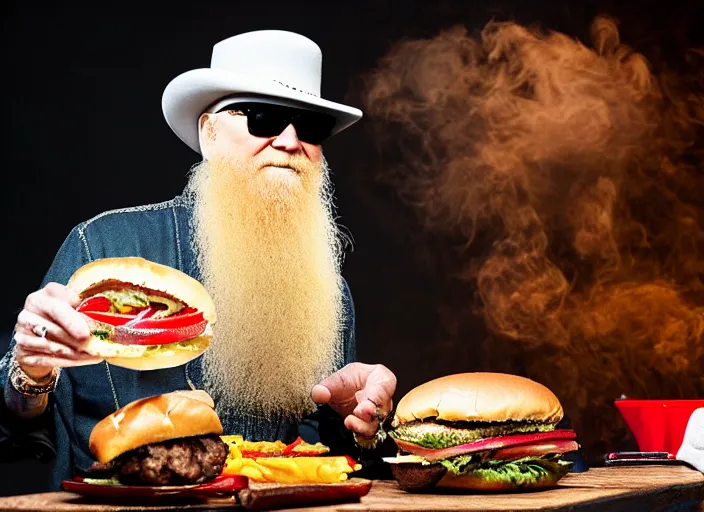 Prompt: photo still of billy gibbons of zz top!!!!!!!! at age 4 6 years old 4 6 years of age!!!!!!!! grilling hamburgers, 8 k, 8 5 mm f 1. 8, studio lighting, rim light, right side key light