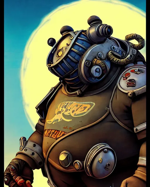 Prompt: roadhog from overwatch, character portrait, portrait, close up, concept art, intricate details, highly detailed, vintage sci - fi poster, retro future, in the style of chris foss, rodger dean, moebius, michael whelan, and gustave dore