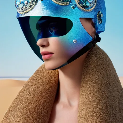 Prompt: Portrait of an editorial model with Indigo chalcanthite crystal gem reflective helmet mask standing in pastel sand dunes detailed Versace editorial ultra close up photo 105mm f2.8 in The Grand Budapest Hotel
