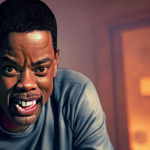 Prompt: chris rock is physically slapping will smith on his face, shadow harsh lights, dramatic scene, hyper detailed, digital art, trending in artstation, cinematic lighting, studio quality, smooth render, unreal engine 5 rendered, octane rendered, ligh rim