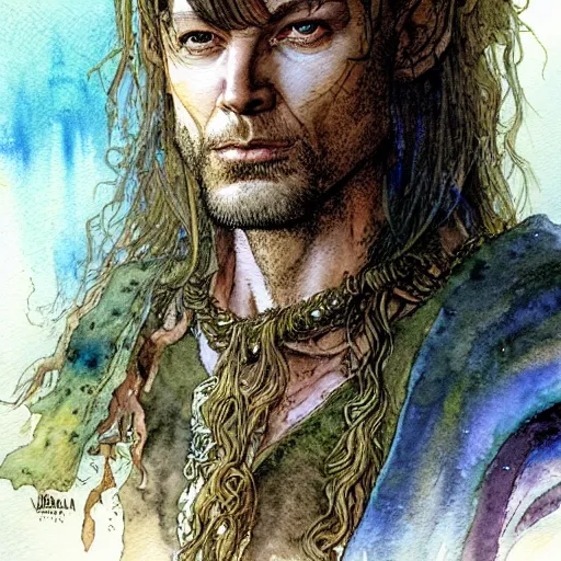 Image similar to a realistic and atmospheric watercolour fantasy character concept art portrait of paavo vayrynen as a druidic warrior wizard looking at the camera with an intelligent gaze by rebecca guay, michael kaluta, charles vess and jean moebius giraud