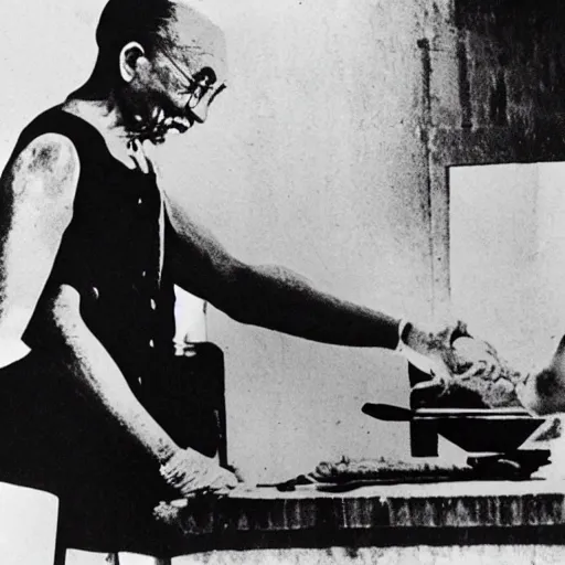 Prompt: photograph of ghandi ordering a steak, medium rare