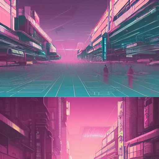 Image similar to beautiful japanese cyberpunk futuristic landscape painting, teal and pink, by tuomas korpi, dan mumford, trending on artstation