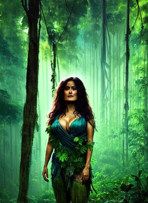 Image similar to portrait of salma hayek as jungle queen, green and blue hour, forest, by ismail inceoglu