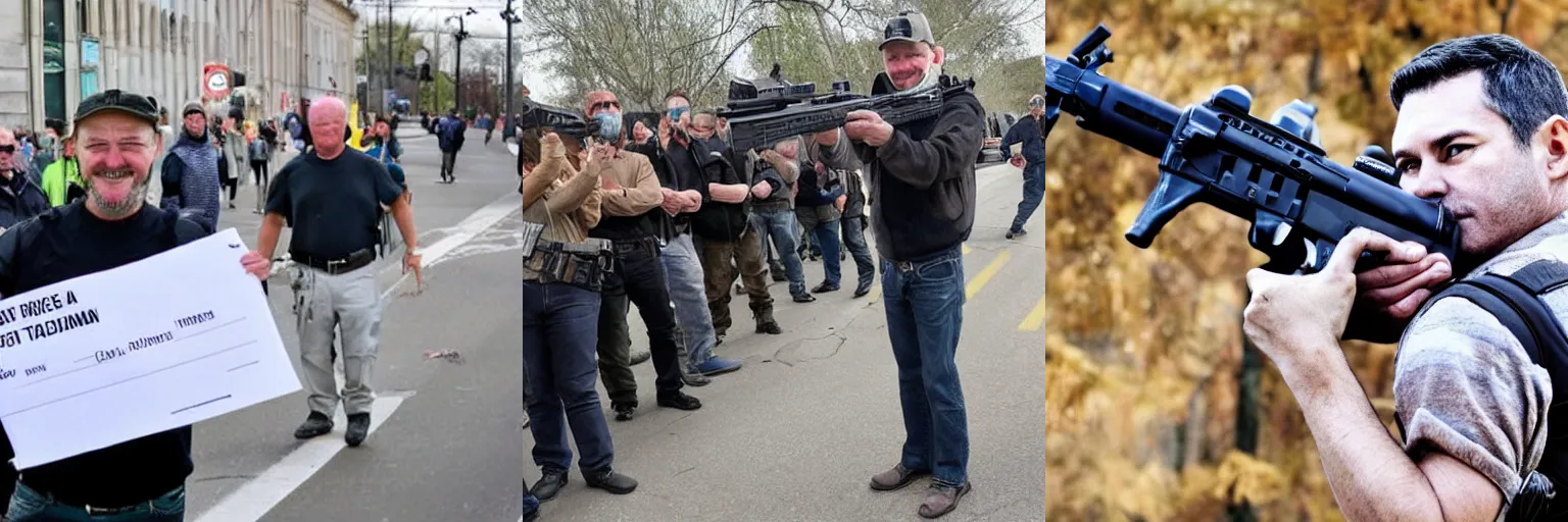 Prompt: < photo hd > well armed man celebrates no longer paying taxes < / photo >