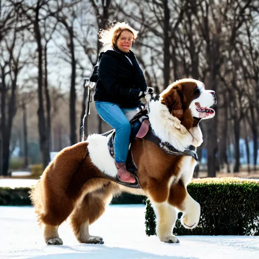 Prompt: a photograph of a woman riding a giant saint Bernard in the park,