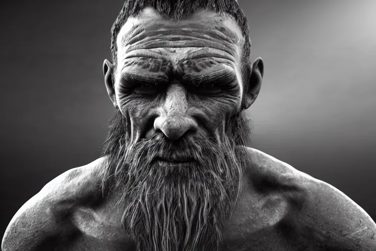 Image similar to still photo of stone age man looking at the camera in a battlefield, black and white color aesthetic, highly detailed, photorealistic portrait, bright studio setting, studio lighting, crisp quality and light reflections, unreal engine 5 quality render