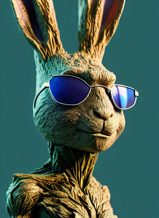 Prompt: rabbit groot as marble statue, big cyborg sunglasses, in marijuanas gardens, soft surface texture, very realistic 3 d render, soft sun lights, 4 k, high detailed photography result, 5 0 mm lens, rich deep colors, smooth gradients, depth of field, cinematic, hyper realism, high detail, octane render, unreal engine, 8 k, vibrant colors