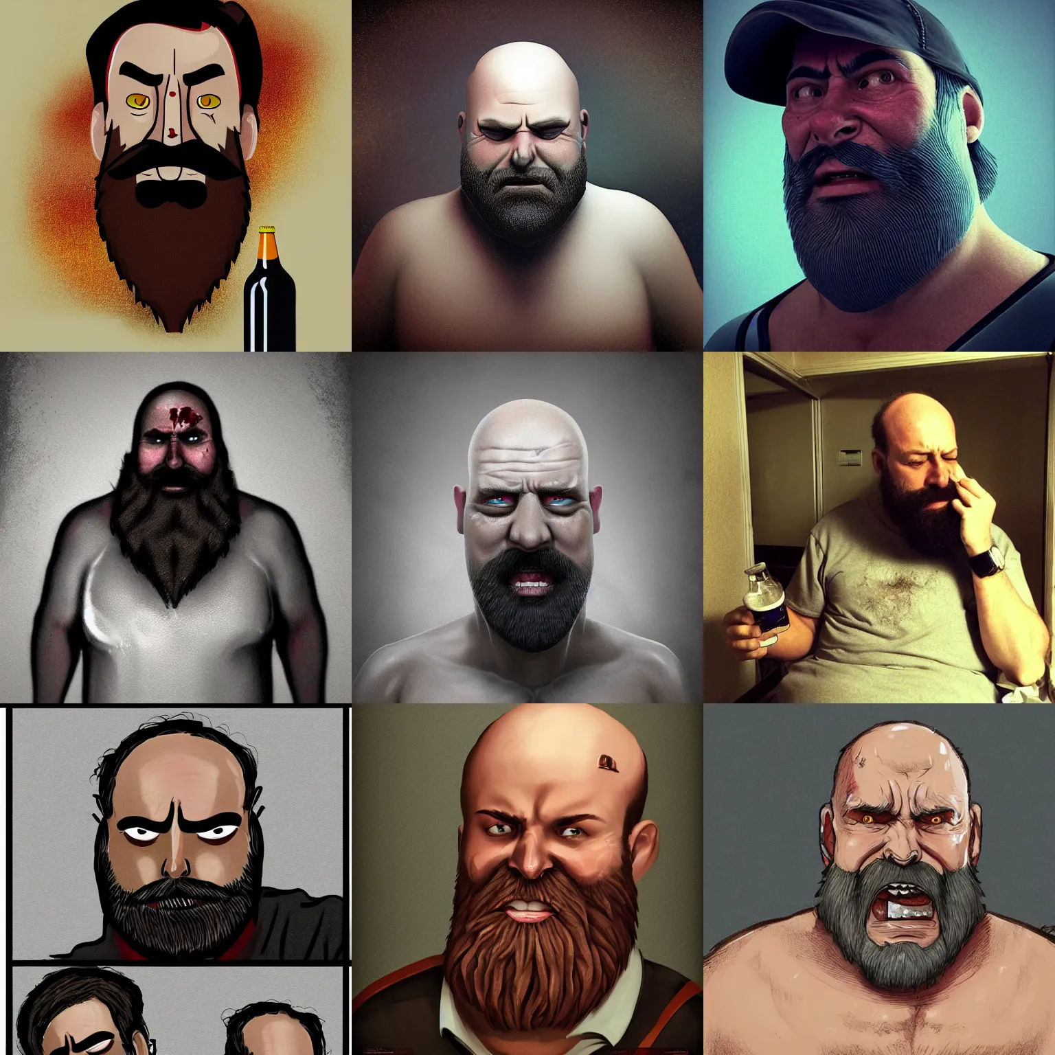 Prompt: a middle aged balding man with a big beard and bloodshot eyes in a tiny hotel room, crying, depressed, stressed, extremely drunk and surrounded by empty beer cans. Trending on Artstation.