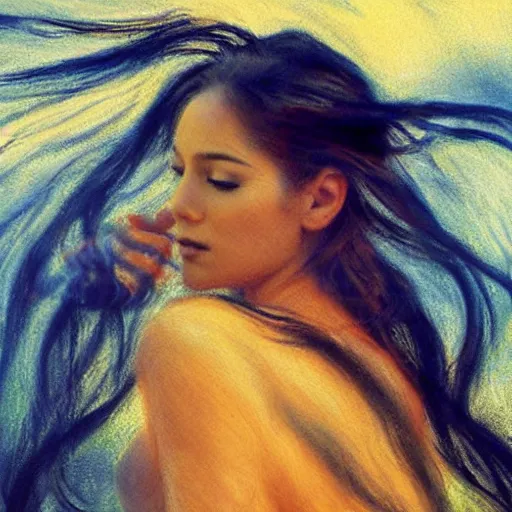 Image similar to filmstill, over the shoulder sketch photography of beautiful female body covered with swirling black translucent blanket blowing in wind, acrylic liquid colors, luxurious supermodel photoshooting, golden jewelry, bokeh, godrays, strong wind, wrinkles, sunrays, sunset, lens flares, monet, renoir, cold colors, concept art, sand dunes, sand dust, melting victorian statue