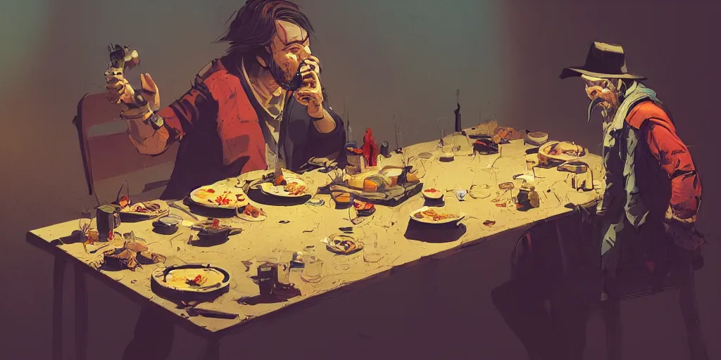 Image similar to cartoonish neil young eating dinner, vivid colors, character sheet, fine details, concept design, contrast, kim jung gi, greg rutkowski, trending on artstation, 8 k, full body, turnaround, front view, back view, ultra wide angle