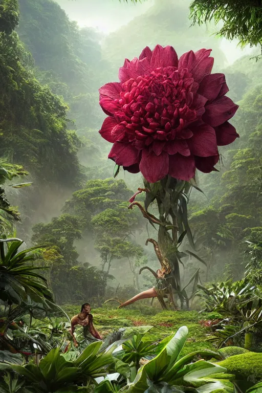 Image similar to a giant exotic flower in the exotic jungle, landscape, alex ross, david finch, concept art, matte painting, highly detailed, rule of thirds, dynamic lighting, cinematic, detailed, denoised, centerd