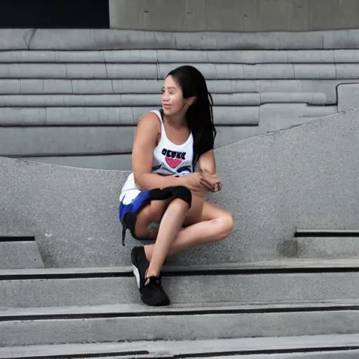 Prompt: female shark fursona sitting on concrete stairs, wearing a tank top and cargo pants, looking forward, pointing forward