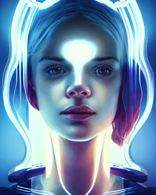 Image similar to symmetry!! centered head on, closeup portrait of a girl with thoughts floating around her, sci - fi -, cyberpunk, blade runner, glowing lights, tech, biotech, techwear!! intricate, elegant, highly detailed, digital painting, artstation, concept art, smooth, sharp focus, illustration, art by artgerm and greg rutkowski and alphonse mucha