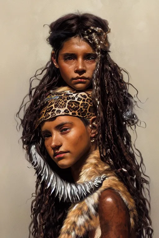 Image similar to portrait of a beautiful young aztec girl with vitiligo, covered in jaguar fur cloths, different colored eyes, curly black and brown hairs, by greg rutkowski and alphonse mucha, d & d character, gradient white to silver, highly detailed portrait, digital painting, artstation, concept art, smooth, sharp focus ilustration, artstation hq