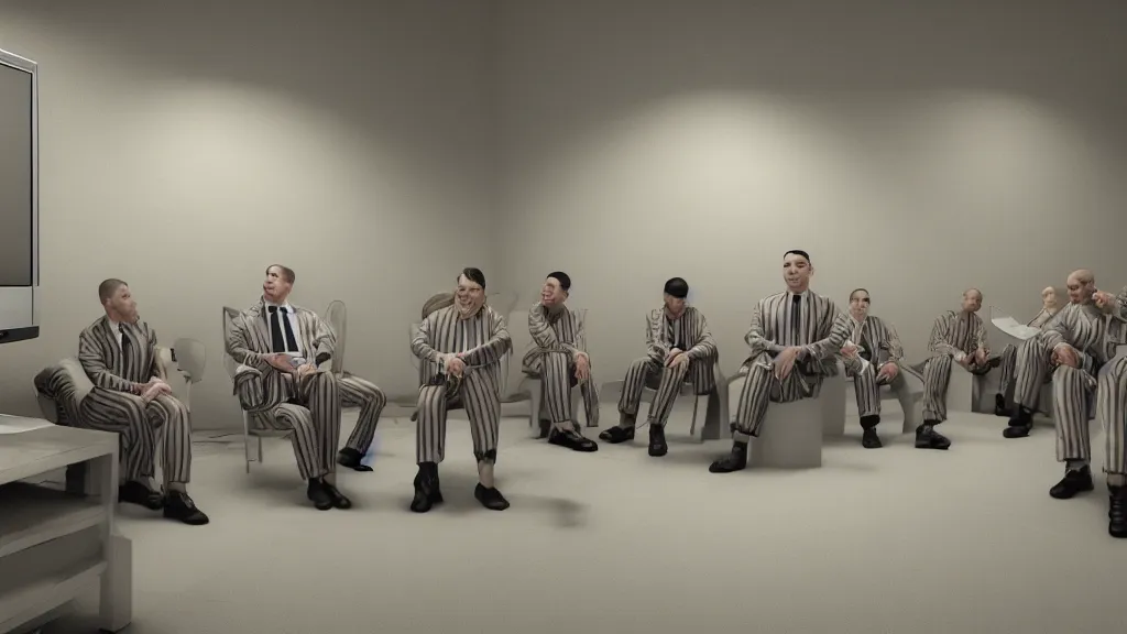 Image similar to inmates in striped suits sitting around a television bolted to the wall, rule of thirds, rendered in octane, rendered in Corona, rendered in vray, rendered in Arnold, insanely detailed, photorealistic, cinematic, global illumination, no grain