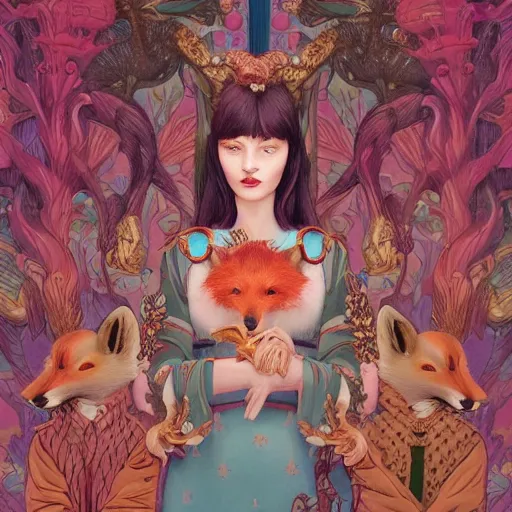 Image similar to pretty model with foxes : : by martine johanna and simon stalenhag and chie yoshii and casey weldon and wlop : : ornate, dynamic, particulate, rich colors, intricate, elegant, highly detailed, vogue, harper's bazaar art, fashion magazine, smooth, sharp focus, 8 k, octane render