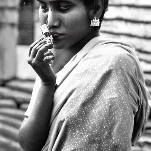 Image similar to portrait of a sri lankan woman smoking cigarette, vintage photo in 8 0's style