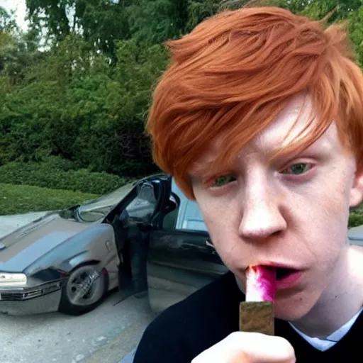 Image similar to Ron Weasley smoking a fat blunt, selfie 9mm