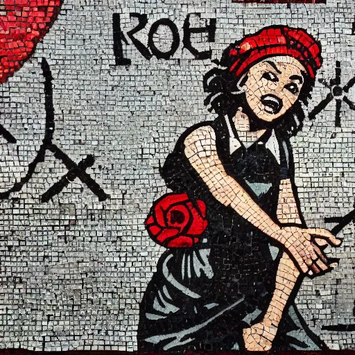 Image similar to rosie the riveter joined the communists, red rose, antifa, on roman mosaic, by Banksy