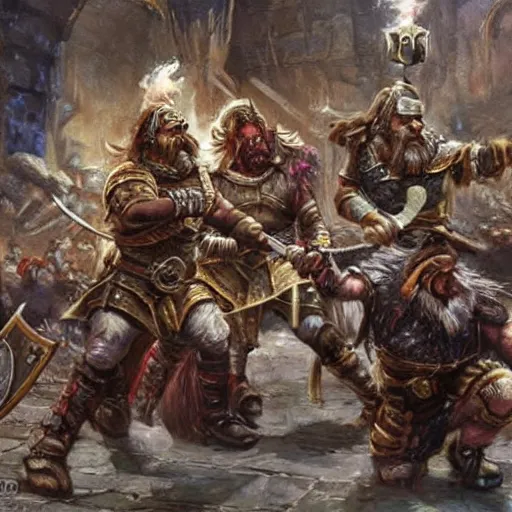 Image similar to DnD dwarves in gladitorial duel. Epic painting by james gurney. Dwarf gladiators in the coliseum.