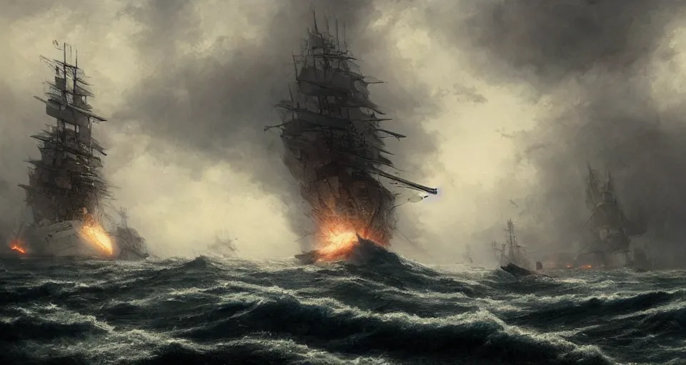 Image similar to giant enormous fierce sailing battleship, raging sea foggy, dramatic, action scene, stormy background, shipfleet on the horizon, high detail, greg rutkowski, james gurney, gene wolfe, gustave dore, jesper ejsing, rhads, makoto shinkai, ilya kuvshinov