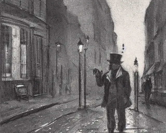 Image similar to a ragged clothed man begging on a street in early 2 0 th century paris. he has a top hat. street lights. evening. warm atmosphere. epic scene.