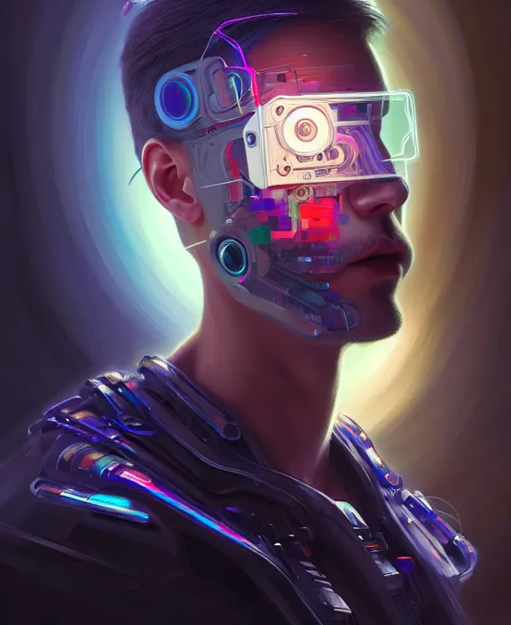 Image similar to a whirlwind inside the metaverse, guy, male, man, hologram, half body, neurochip, android, cyborg, cyberpunk face, by loish, d & d, fantasy, intricate, elegant, highly detailed, colorful, digital painting, artstation, concept art, art by artgerm and greg rutkowski and alphonse mucha