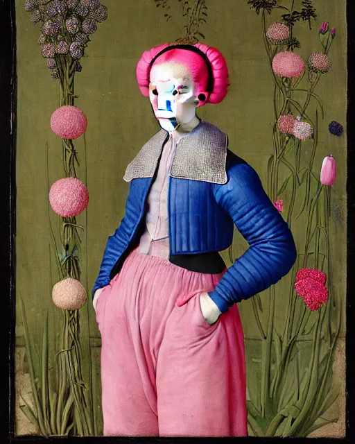 Image similar to portrait of a woman with pink hair buns, wearing a blue puffer jacket and baggy jeans, standing in a room full of plants and flowers, white background, intricate details, high detail, in the style of rogier van der weyden and jacopo da pontormo, punk, asian art,