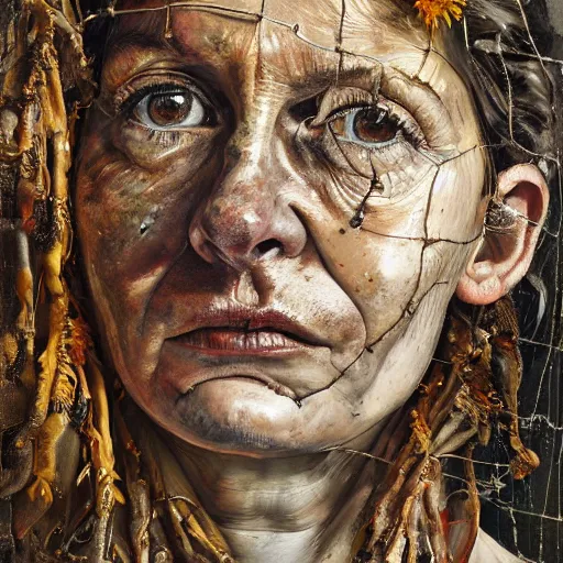 Prompt: an extreme close up portrait a very ordinary middle-aged woman with a calm expression, front angle, by Anselm Kiefer and Lucian Freud and Jenny Saville, oil painting, rust, Scaffolding, rusted metal and sunflowers, iron cladding, decay, mixed media, textured, anatomically correct, beautiful perfect face, visible brushstrokes, sharp focus, Highly Detailed, Cinematic Lighting, 8k, HD