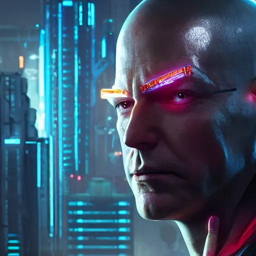 Image similar to front view, imposing, ominous portrait of cyborg Jeff Bezos as a cyberpunk 2077 loading screen, symmetry, front view, intricate, studio, art by anthony macbain + greg rutkowski + alphonse mucha, concept art, 4k, sharp focus