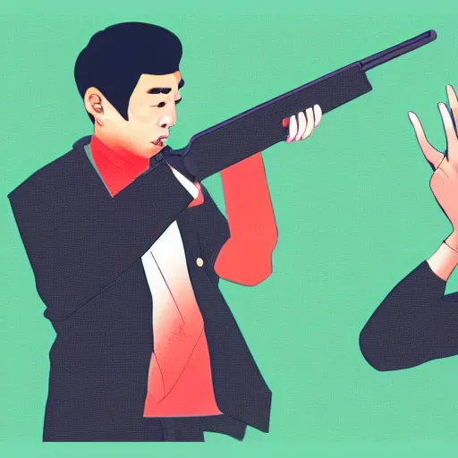 Image similar to A very arrogant Asian man let a man point a shotgun at himself.digital art.