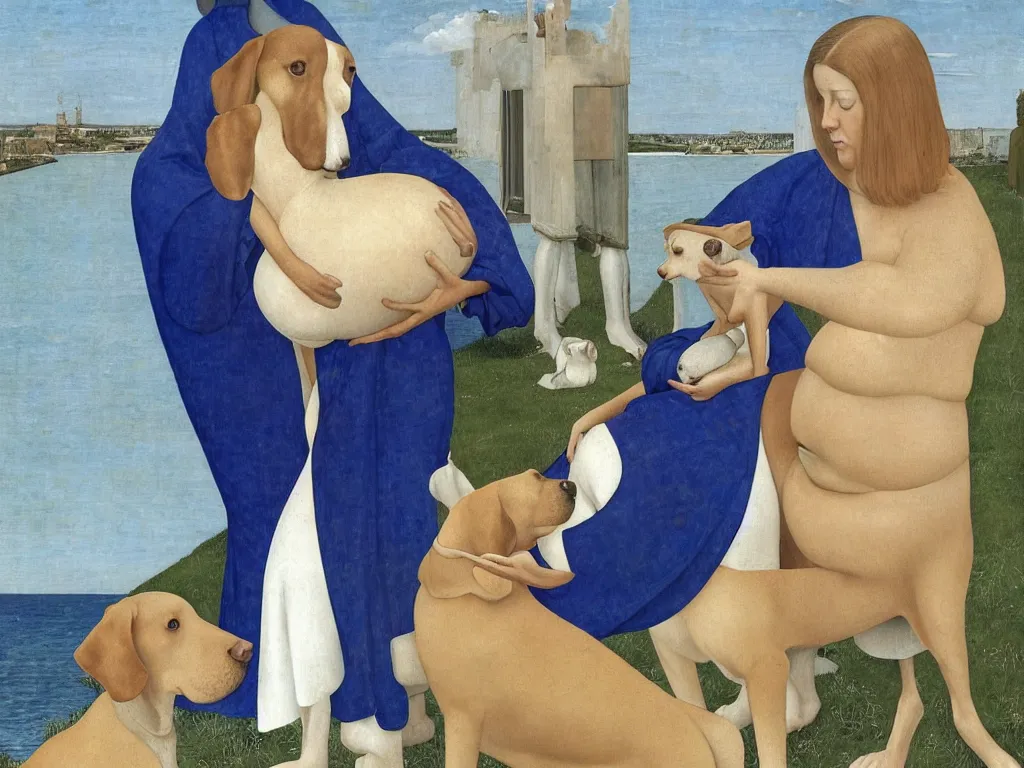 Prompt: Dog sitting on the lap of a pregnant woman, conch shell. Lapis lazuli. Painting by Alex Colville, Piero della Francesca