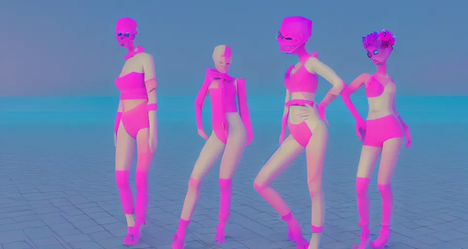 Prompt: fullbody vaporwave art of a fashionable ghoul girl at a beach, early 90s cg, 3d render, 80s outrun, low poly, from Hotline Miami