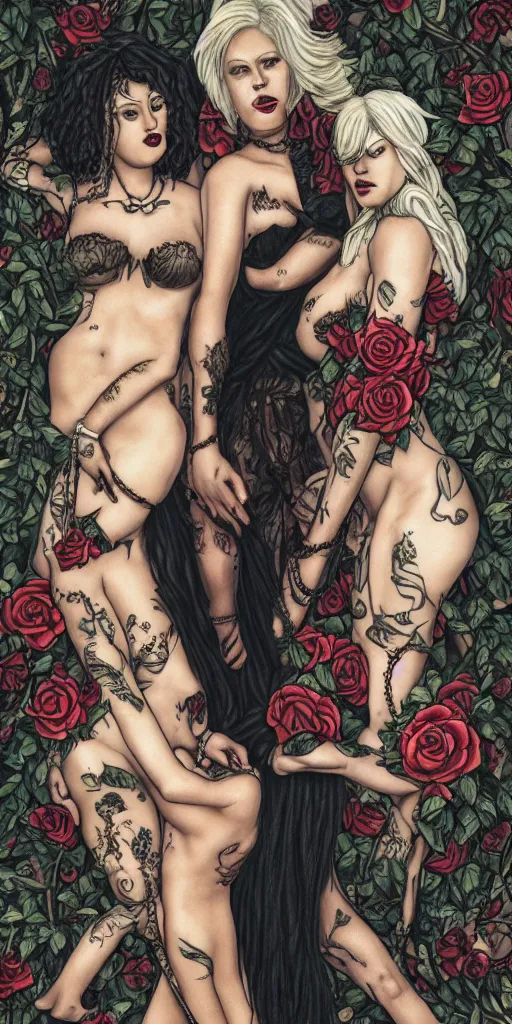 Prompt: Women standing one after the other, a white albino woman, a dark-skinned woman behind her, they are in tattoos and have chains and piercings, roses in their hair, behind the black forest, twilight, formalism