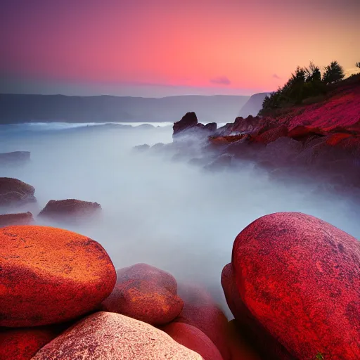 Image similar to surrealism rocky landscapen dar colors, dense fog, red sky, golden sun