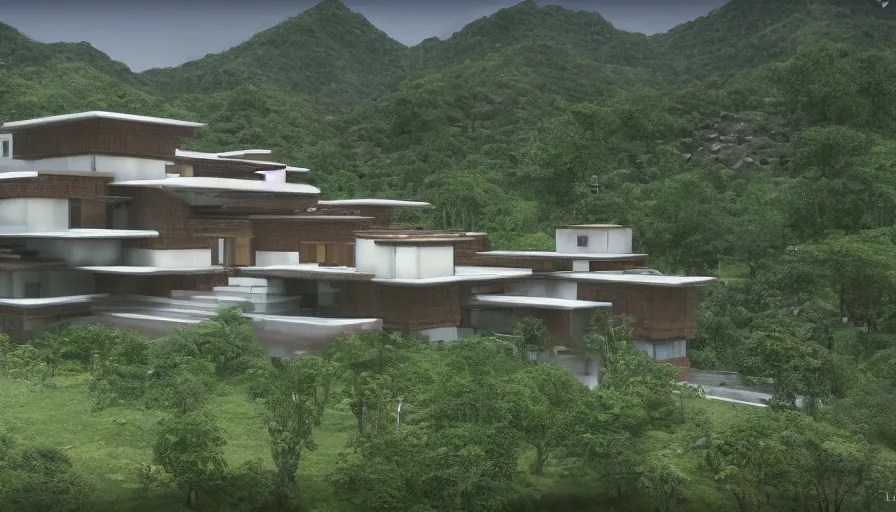 Image similar to villa inspired by tibetan architecture, on a green hill, overlooking a valley with trees, by sant ’ elia frank lloyd wright, zaha hadid, le corbeusier, photorealistic, ray tracing, unreal engine 5, dlsr, 2 4 mm, birds eye view