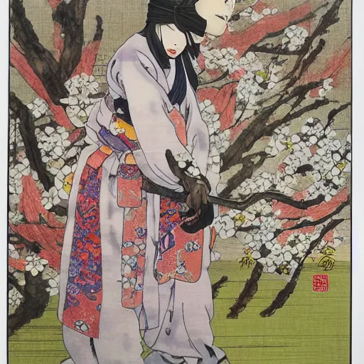 Prompt: ancient chinese ninja, ninja robes, wearing wild flowers, by miho hirano, takashi murakami, horohiko araki