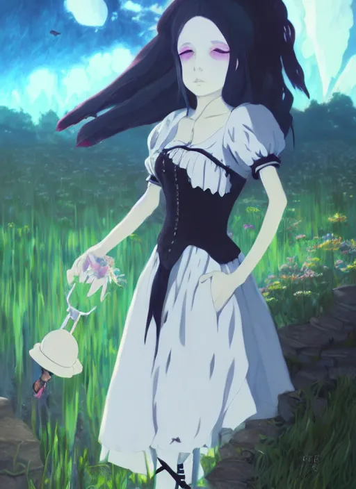 Image similar to portrait of gothic alice from wonderland, cloudy sky background lush landscape illustration concept art anime key visual trending pixiv fanbox by wlop and greg rutkowski and makoto shinkai and studio ghibli