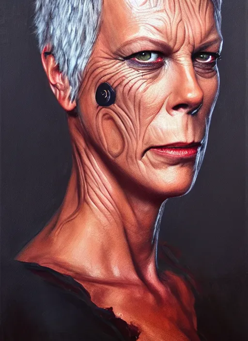 Prompt: portrait of jamie lee curtis as an evil warlord character in mad max 2 : the road warrior, film still, detailed realism face in painting, detailed beautiful portrait, oil painting masterpiece, 8 k resolution, smooth, sharp focus, trending on artstation, by rembrandt