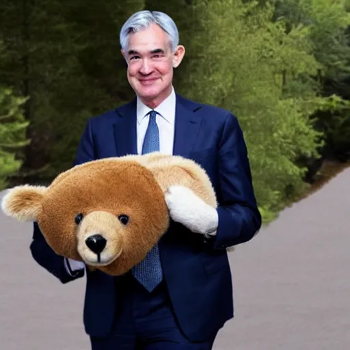 Image similar to photo of Jerome Powell holding a bear