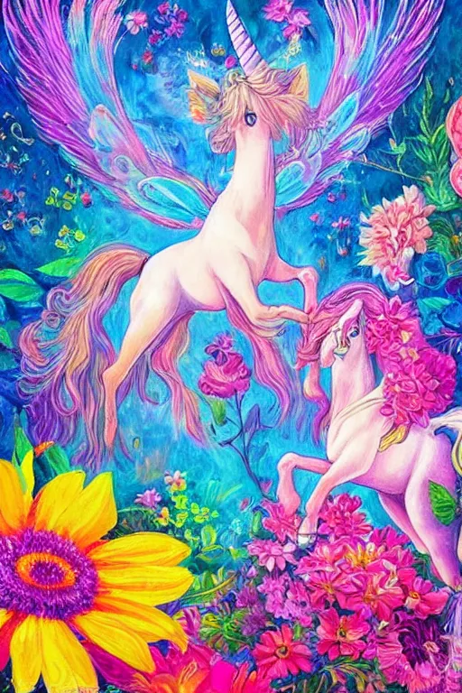 Prompt: a high detailed painting of 🦄🌺🌻💐 magic realism