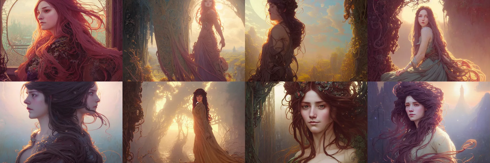 Image similar to highly detailed portrait of a woman with long hairs, stephen bliss, unreal engine, fantasy art by greg rutkowski, art nouveau, loish, rhads, ferdinand knab, makoto shinkai and lois van baarle, ilya kuvshinov, rossdraws, tom bagshaw, alphonse mucha, global illumination, radiant light, detailed and intricate environment